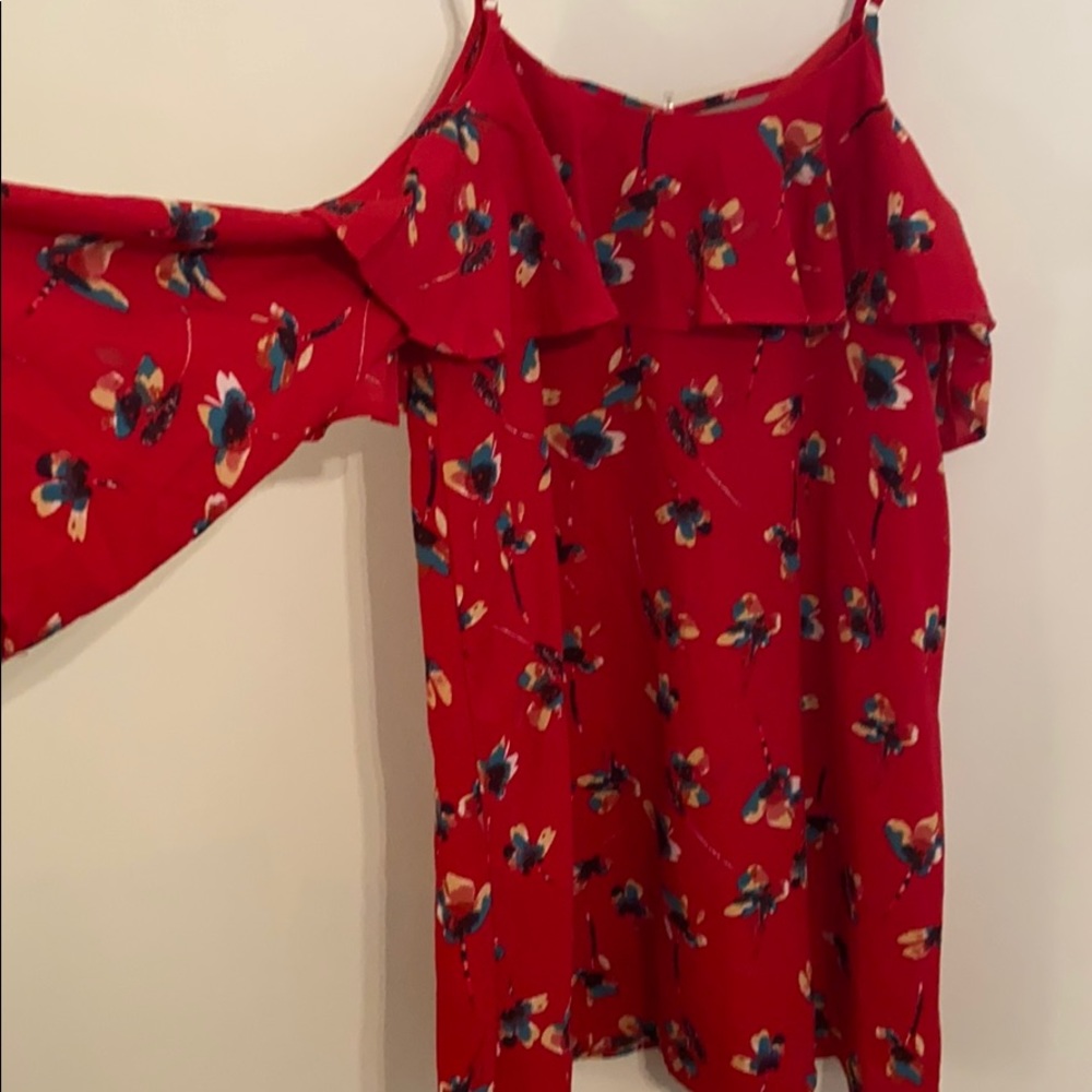 Red off the shoulder dress. Long sleeve
